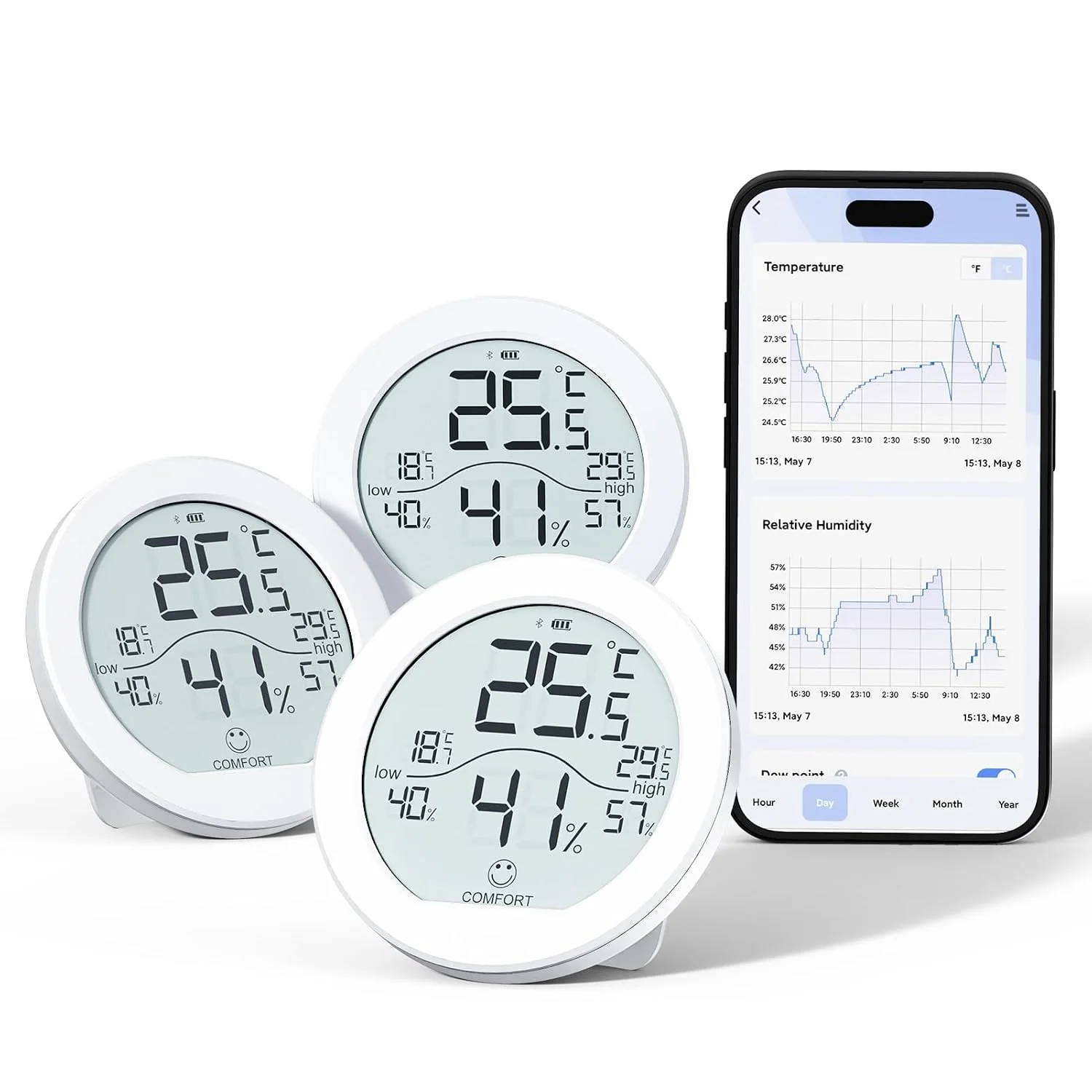 SECRUI Bluetooth Hygrometer, 3-Pack, white, 3-pack